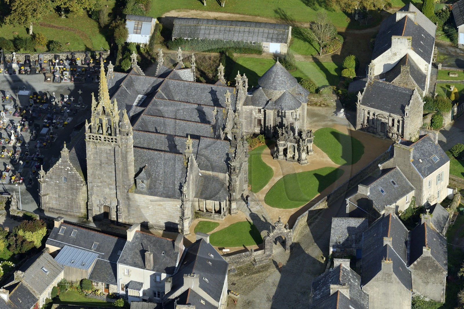 France, Finistere, Guimiliau, the church and the calvary in the Parish close (enclos paroissial) (aerial view)