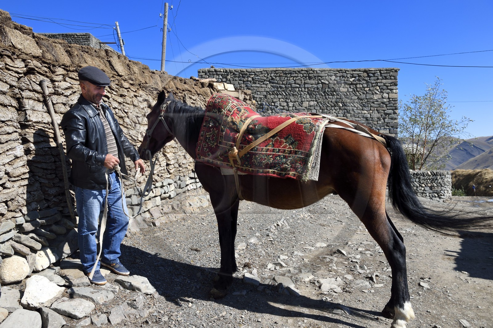 Azerbaïdjan, région de Quba (Guba), chaine de montagne du Grand Caucase, village de Khinalug (Xinaliq), le cheval reste très utile pour sillonner la montagne