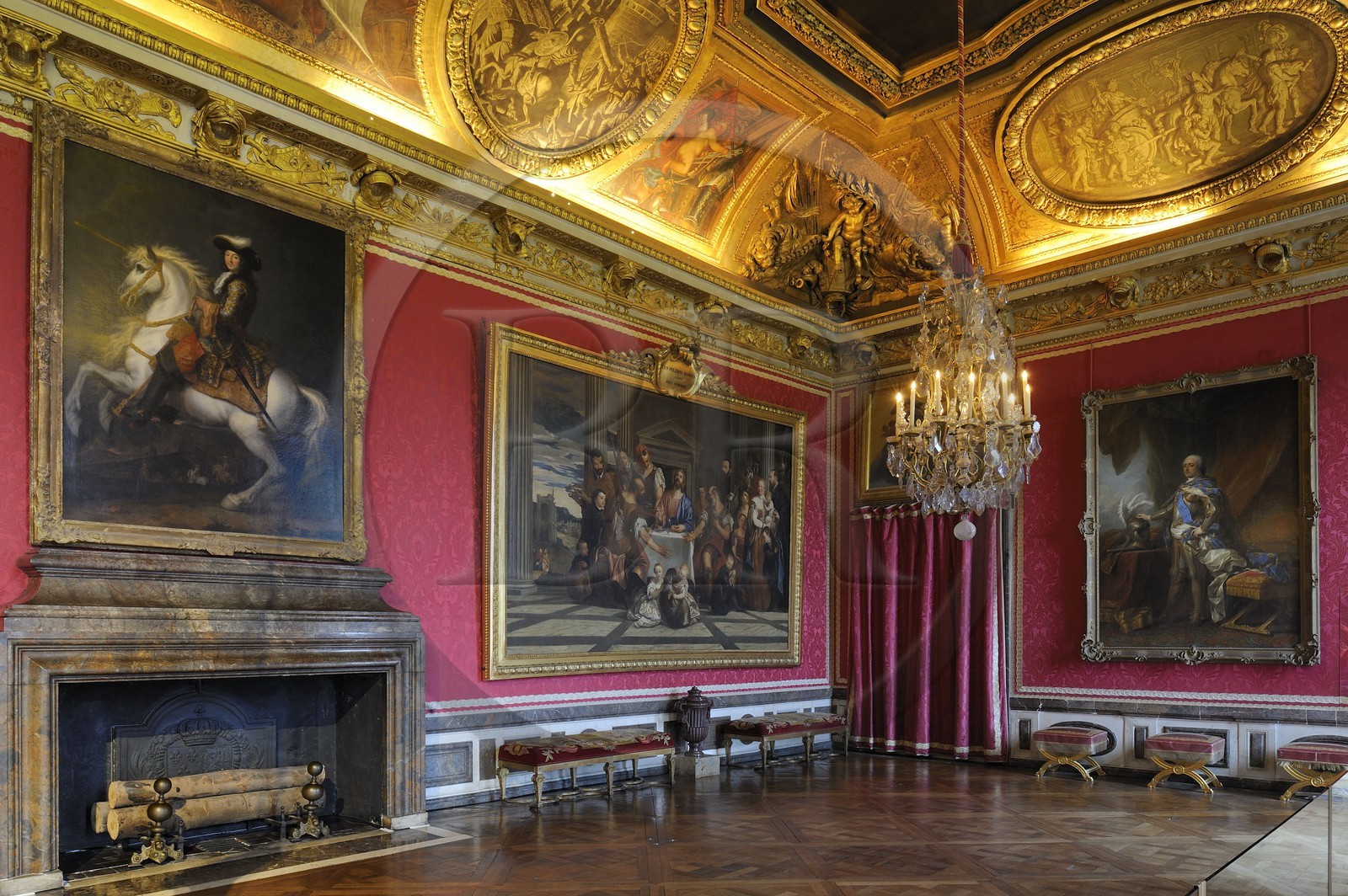 France, Yvelines, Chateau de Versailles, listed as World Heritage by UNESCO, Les Grands Appartements (State Apartments), Mars drawing room with King Louis XV painting by Van Loo on the right in the background