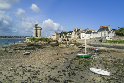 France, Ille et Vilaine, Cote d'Emeraude (Emerald Coast), Saint Malo, Saint-Servan district, the port and the Solidor Tower built in 1382, Cap-Hornier Long-Course International Museum (aerial view)