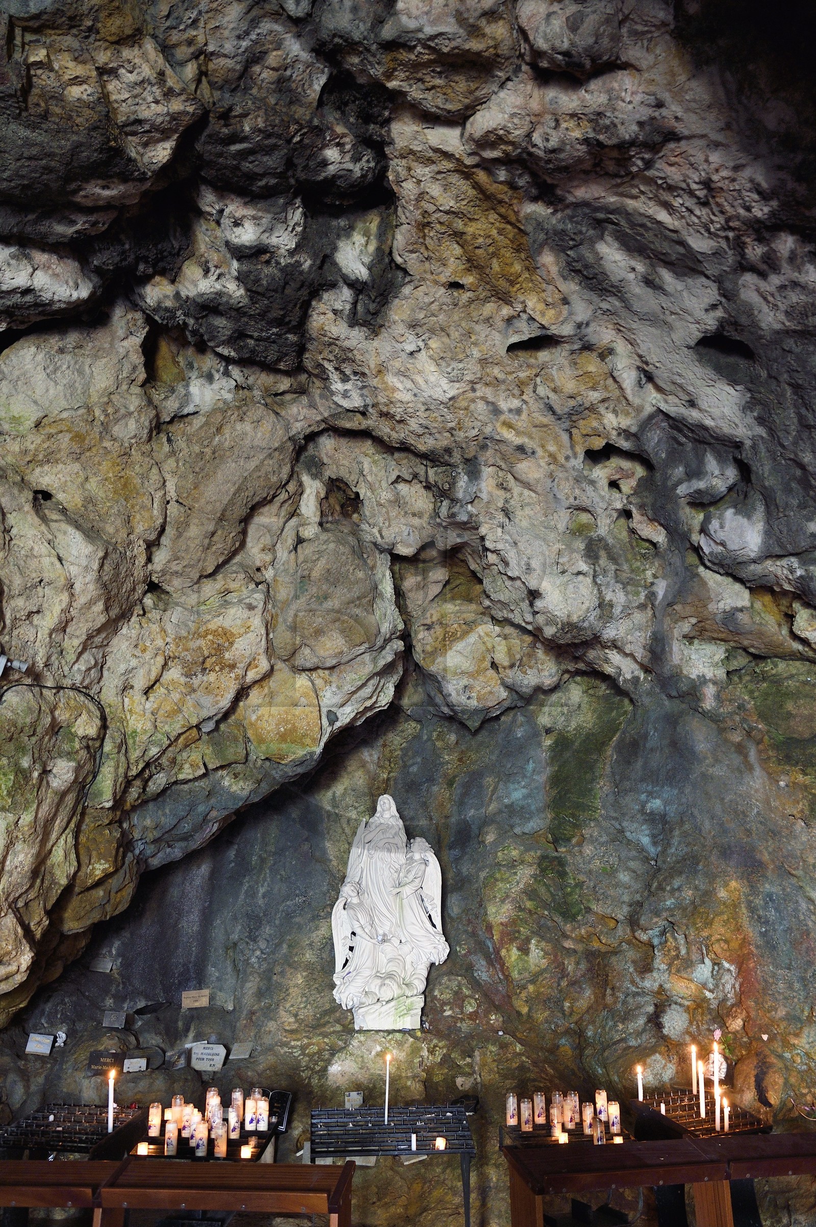France, Var, Plan d'Aups Sainte Baume, Sainte-Baume Regional Nature Park, Sainte Baume massif, the cave sanctuary of Sainte Marie-Madeleine (St. Mary Magdalene), statue representing Mary Magdalene raised by angels