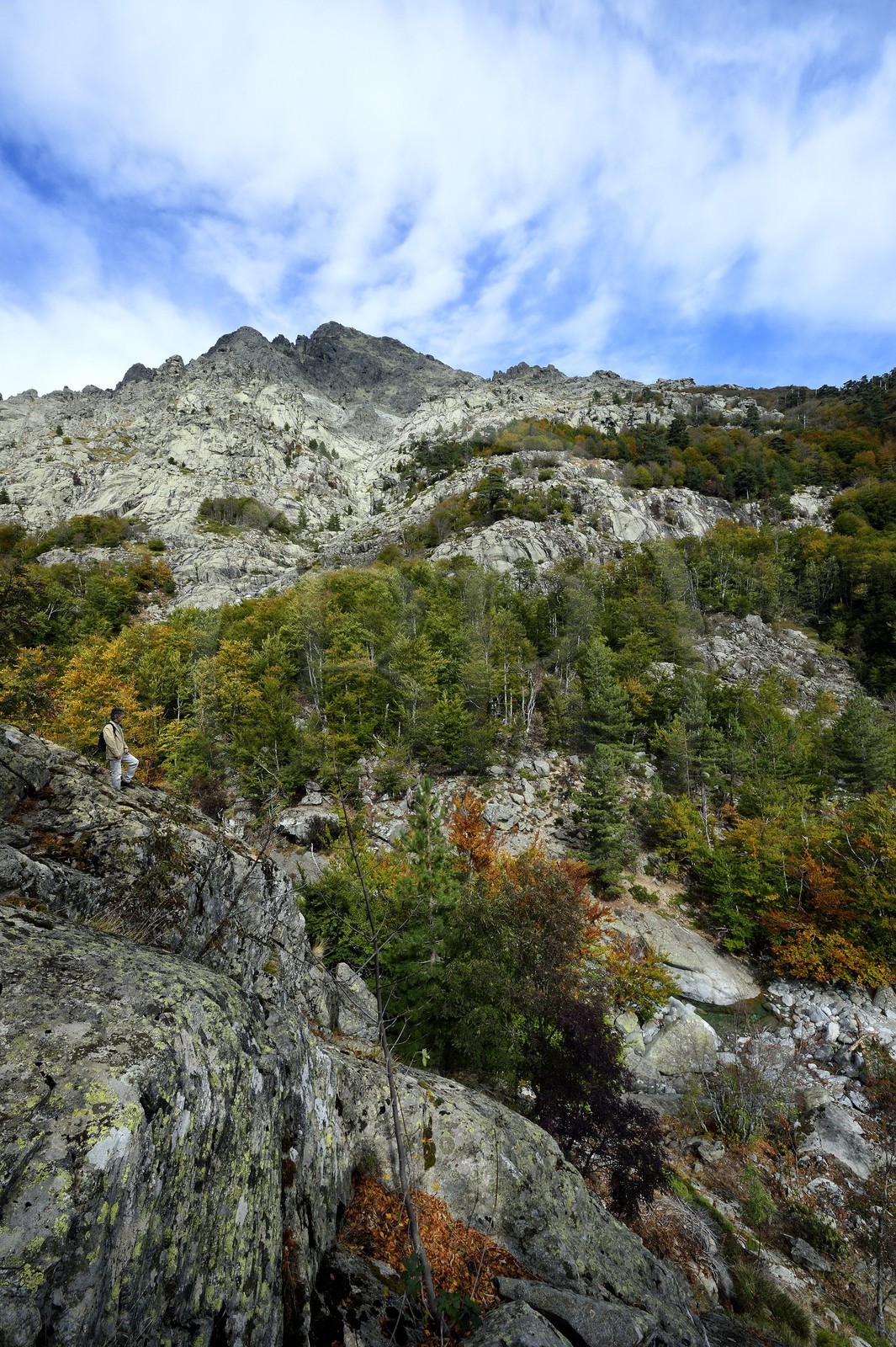France, Haute-Corse (2B), Vivario, GR 20, étape entre le refuge de l'Onda et Vizzavona, foret de Vizzavona, les cascades des anglais, groupe de cascades dans la vallée de l'Agnone au pied du Monte d'Oro