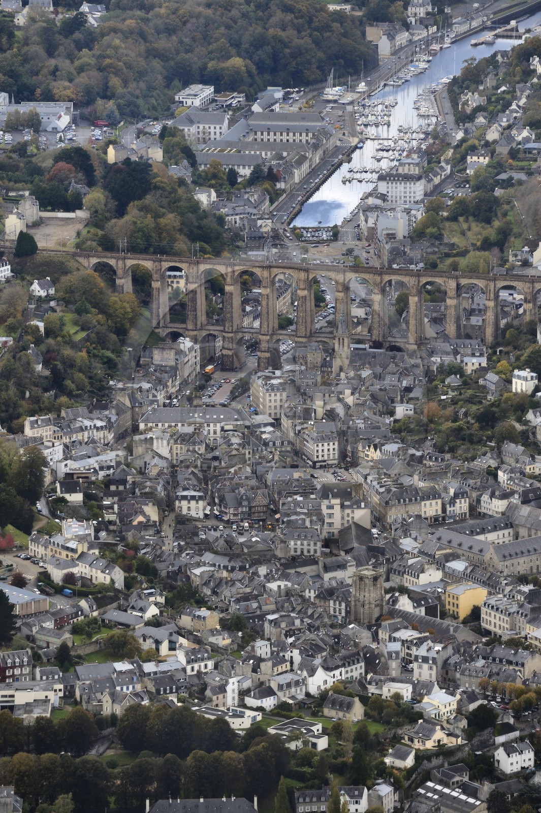 France, Finistere, Morlaix, the viaduct above the city center (aerial view)