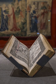 France, Paris, Musée de Cluny - Musée national du Moyen-Age (Middle Ages Museum in the former Hotel de Cluny), book of hours decorated with engravings and printed in Paris on August 22, 1498