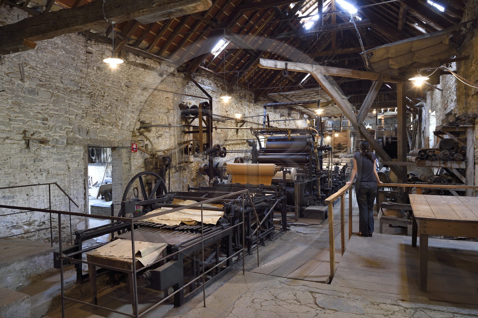 France, Dordogne, Périgord Noir, Payzac, former Papeterie de Vaux, Ecomuse e European paper straw piles Dutch and heating cylinders, Production of stationery Vaux is the manufacture of paper from rye straw, mainly used in food and packaging