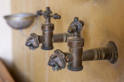 France, Alpes-Maritimes, Beaulieu-sur-Mer, neo-Greek style villa Kerylos build in 1908 by architect Emmanuel Pontremoli, Madame Reinach's bathtub taps with ancient Greek motifs