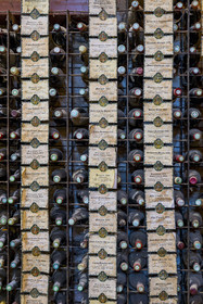 France, Cote d'Or, cultural Landscape of the climates of Burgundy listed as World Heritage by UNESCO, Route des Grands Crus (road of Vintage Wines), vineyard of the Côte de Nuits, Vougeot, the Chateau of Clos de Vougeot, wine library in the cellar of the Château du Clos de Vougeot with the plaques from the annual tastings