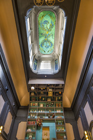 France, Hérault (34), Montpellier, centre historique appelé l’Ecusson, Hotel Richer de Belleval, salon à l’italienne et bar dans l’ancienne salle des mariages, sertis dans le lanternon qui éclaire la pièce par le dessus, cinq panneaux en bas-relief composés de milliers d’élytres de scarabée composent l'oeuvre Hommage à un esprit libre de l'artiste flamand Jan Fabre pour la Fondation d’entreprise GGL