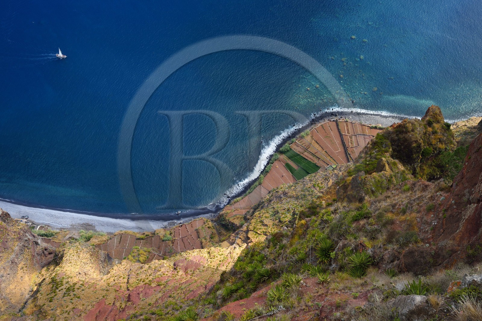 Portugal, Ile de Madère, vue depuis le belvédère du Cap Girao, plateforme en verre surplombant la deuxième falaise la plus haute du monde à 589 mètres de haut, champs cultivés au pied de la falaise