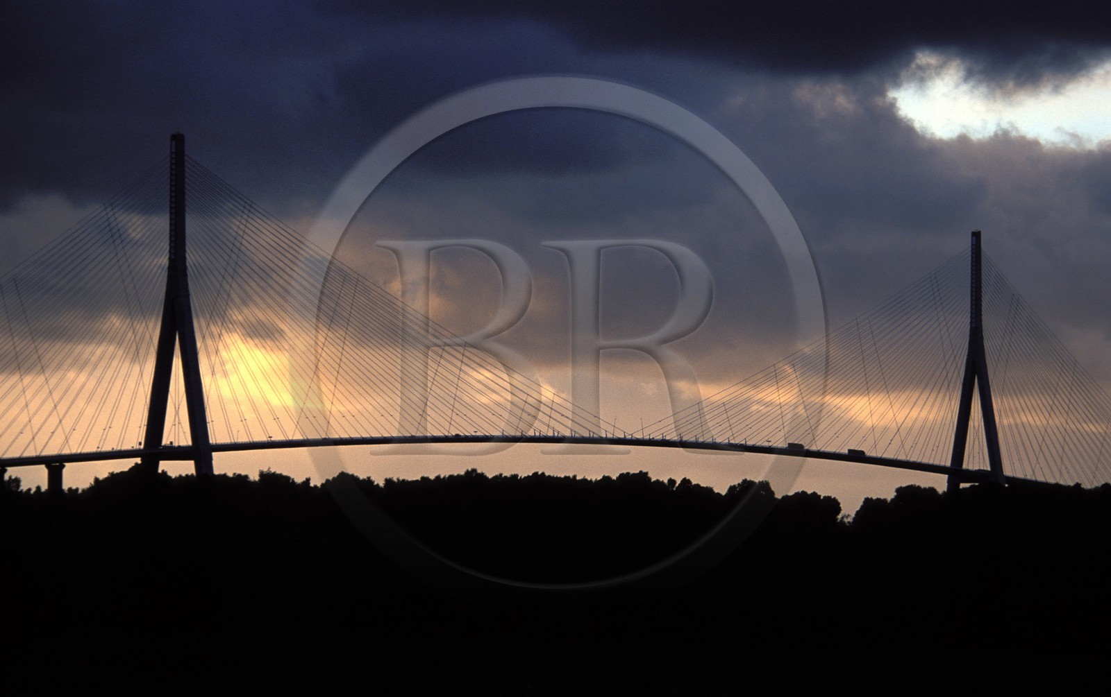 France, Calvados, Bridge of Normandy (Pont de Normandie) at dusk