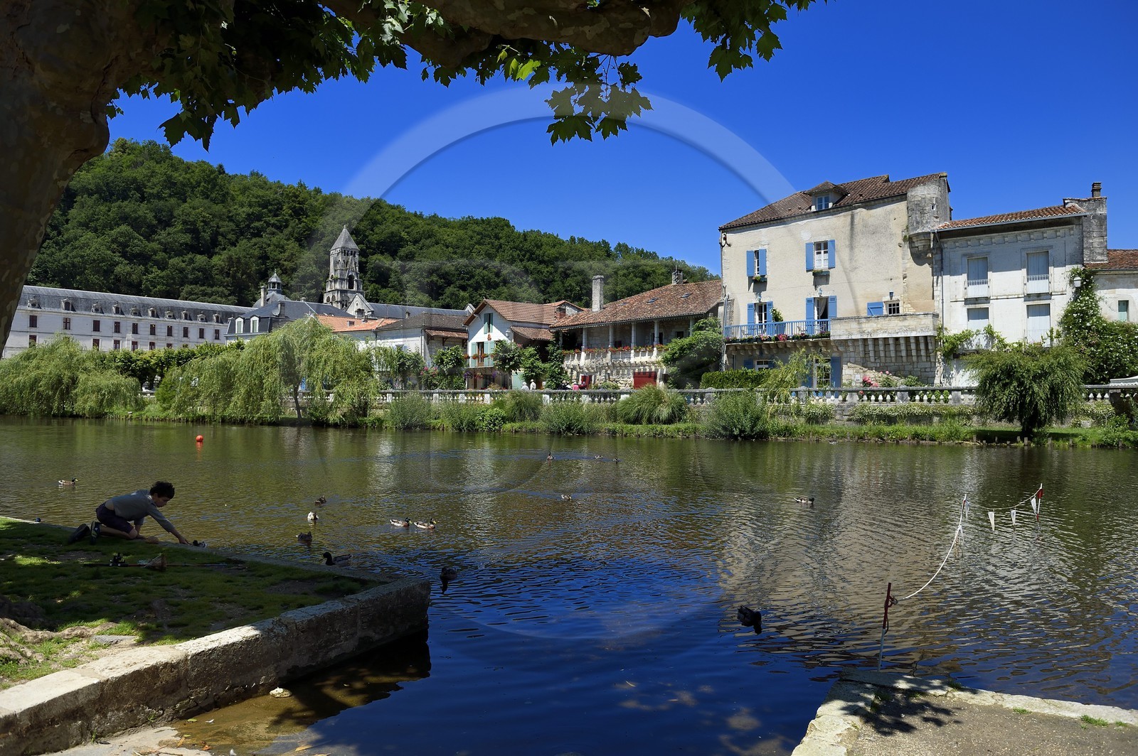 France, Dordogne (24), Brantôme, maisons historiques en bordure de la Dronne et l'abbaye bénédictine Saint-Pierre de Brantôme en arrière plan