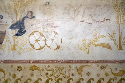 France, Alpes-Maritimes, Beaulieu-sur-Mer, neo-Greek style villa Kerylos build in 1908 by architect Emmanuel Pontremoli, peristyle mural