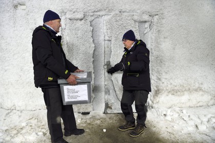 Norway, Svalbard, Spitzbergen, Longyearbyen, Svalbard Global Seed Vault (Seed Bank), antechamber of the 3 storage areas dug in the rock and at a constant temperature of -4°C provided by the permafrost, access door at the storage room artificially maintained at -18°C