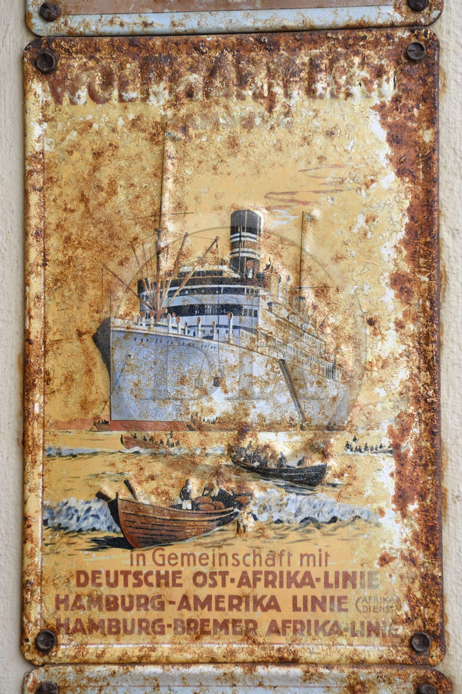 Namibia, Erongo region, Swakopmund, old enamelled advertising plate winding the shipping company of German East Africa (Deutsch-Ostafrika)