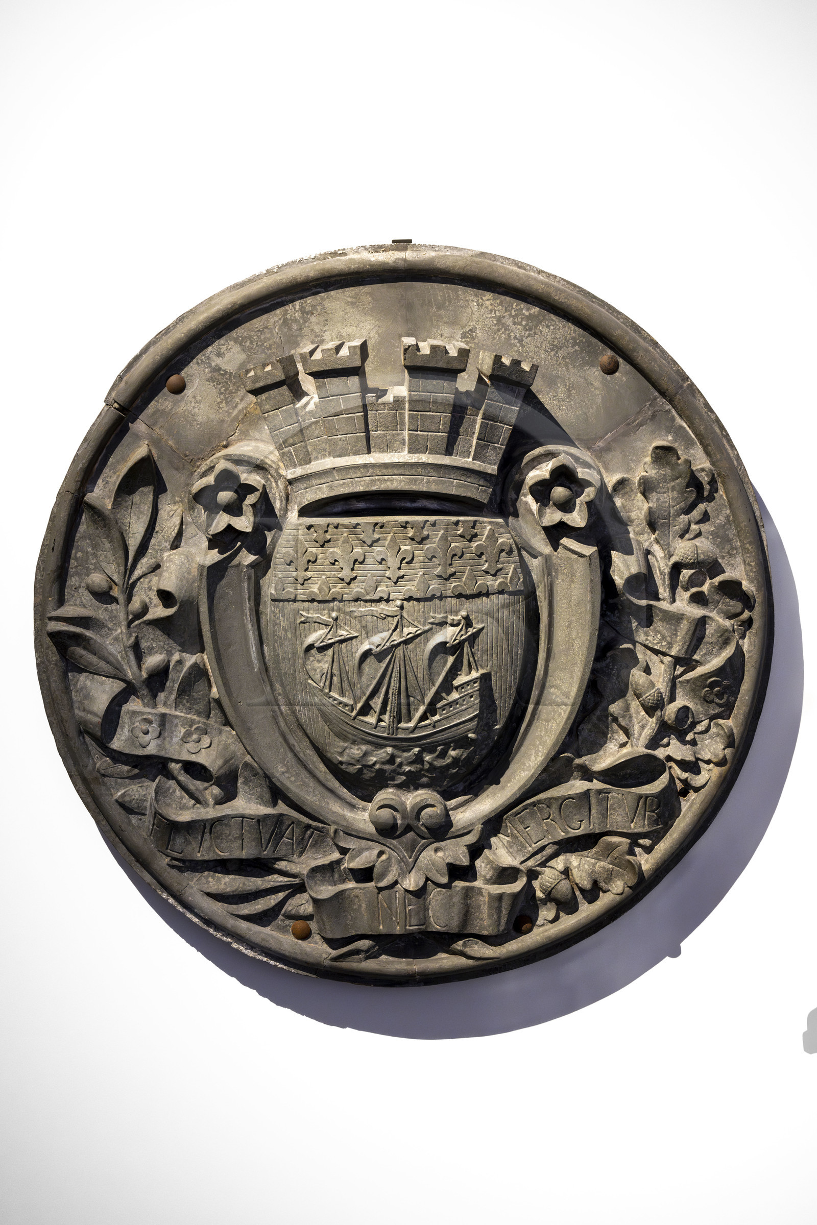 France, Paris, Marais district, Carnavalet Museum, medallion of a pavilion of the Baltard covered market of Paris bearing the arms of the city with the motto Fluctuat Nec Mergitur
