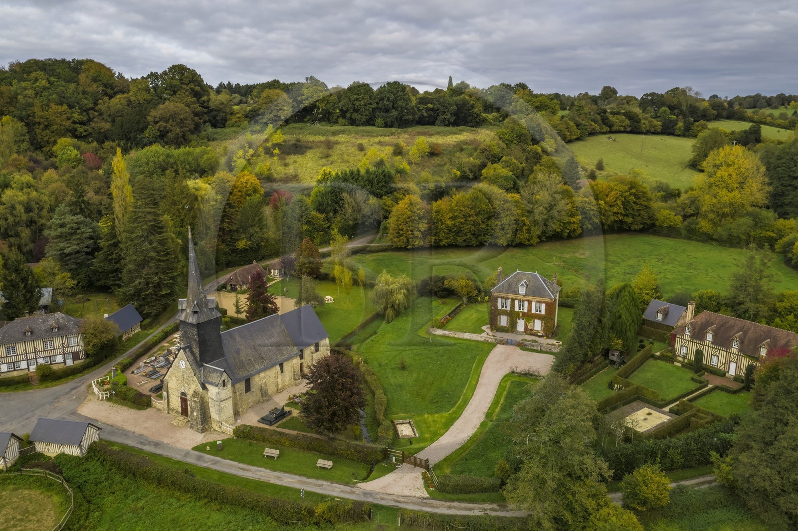 France, Calvados, Pays d'Auge, the village of La Roque-Baignard of which the writer André Gide (1869-1951) was mayor (aerial view)