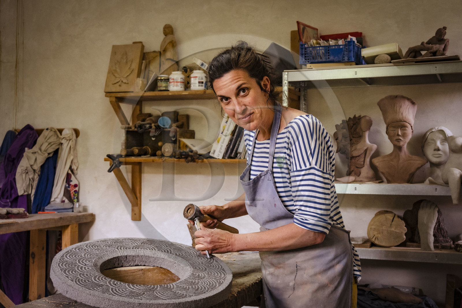 France, Haute-Loire (43), Le Monastier-sur-Gazeille, hiking with a donkey on the Robert Louis Stevenson Trail (GR 70), meeting with the sculptor Lucie Delmas who sculpted the bust of Stevenson which sits enthroned in the village
