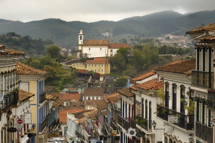 Brazil, Minas Gerais state, Ouro Preto, historical center listed as World Heritage by UNESCO, Conde de Bobadela street and Nossa Senhora do Rosario dos Pretos church (Gold Route, Estrada Real)