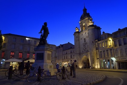 France, Charente-Maritime, La Rochelle,  statue of Baron Victor Guy Duperre and Great Clock Gate