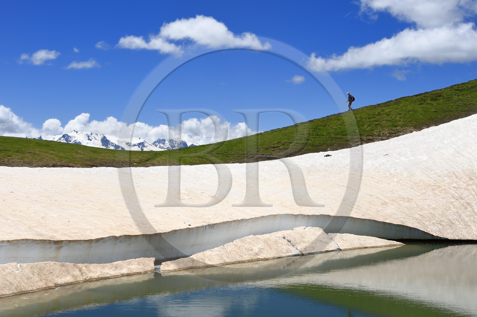 Georgia, Upper Svaneti (Zemo Svaneti), Mestia, hiker on the Koruldi Lake on the foothills of Mount Ushba