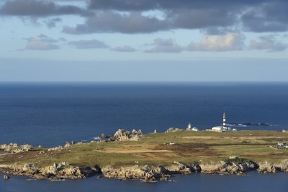 France, Finistere, the regional natural park of Armorica, Iroise sea, Ouessant island, Biosphere reserve (UNESCO), Creach Lighthouse and the West coast (aerial view)
