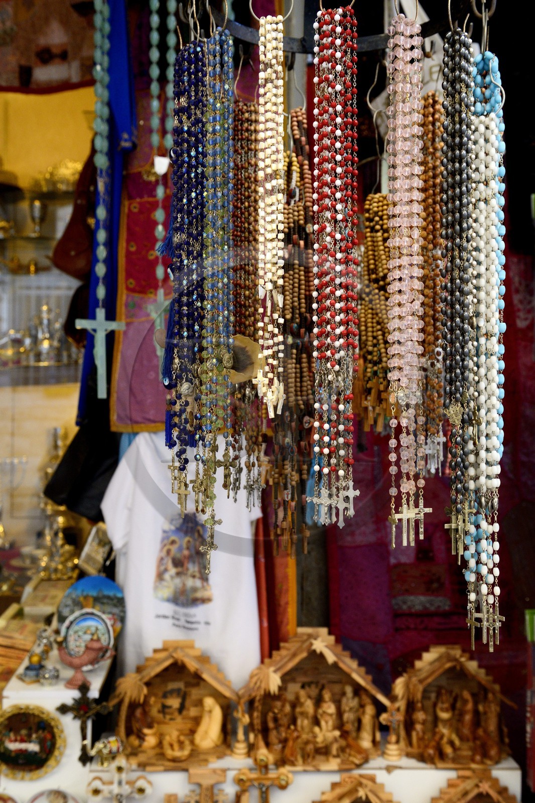 Israel, Jerusalem, holy city, the old town listed as World Heritage by UNESCO, Christian Quarter, souvenir shop and christian religious products