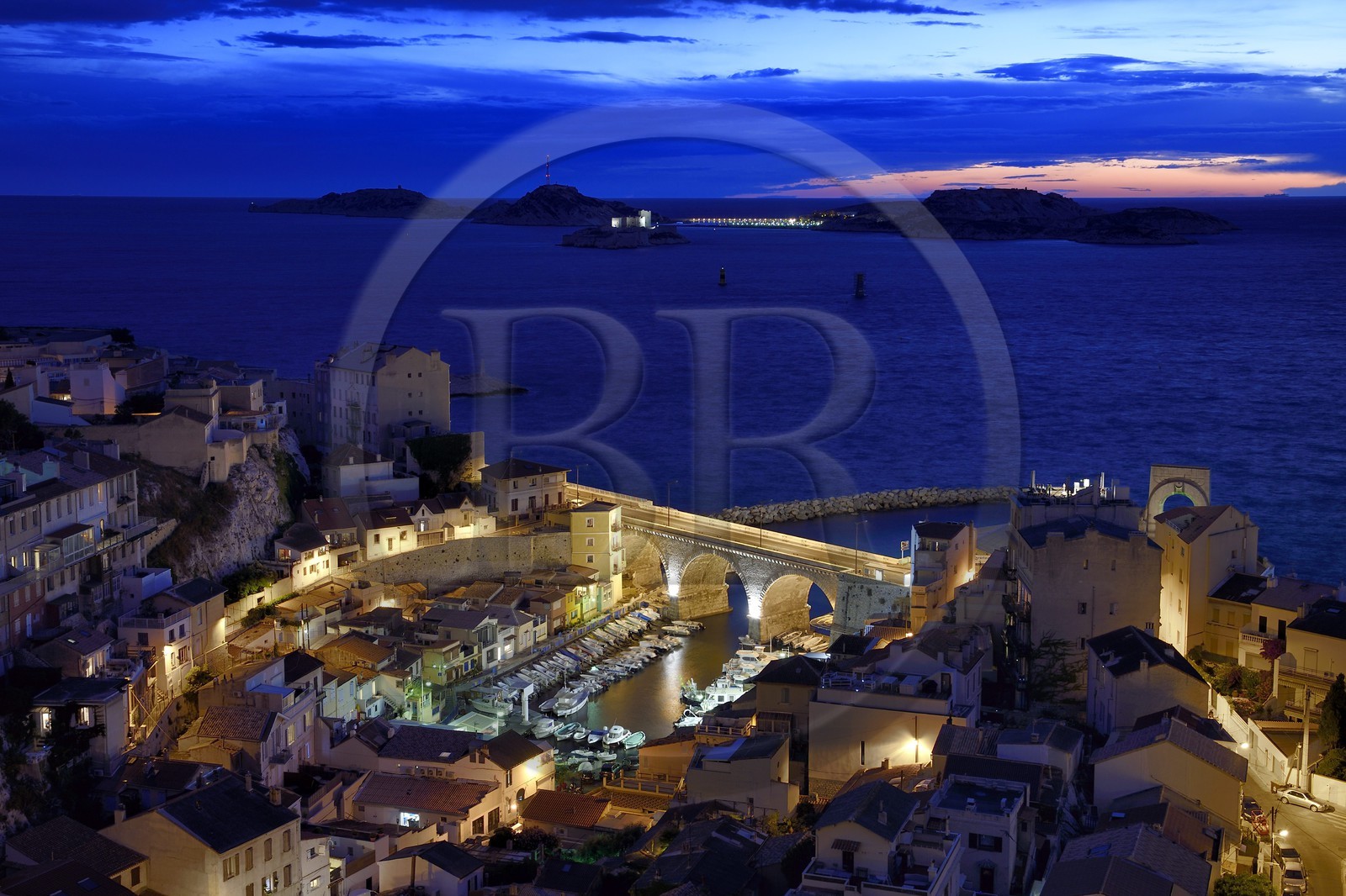 France, Bouches du Rhone, Marseille, Endoume district, Vallon des Auffes, the Frioul archipelago with the Chateau d'If (If castle) in the background