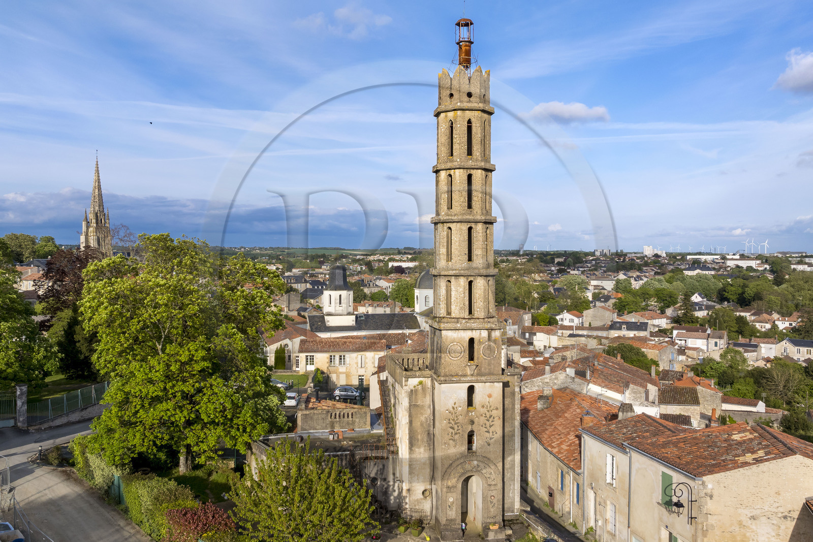 France, Vendee, Fontenay le Comte, the Rivalland Tower, a philosopher's residence built by Gustave Rivalland, a former naval officer and wealthy freemason in 1880, it is one of the first monuments in France or the world to be made on such a scale in formed concrete (aerial view)