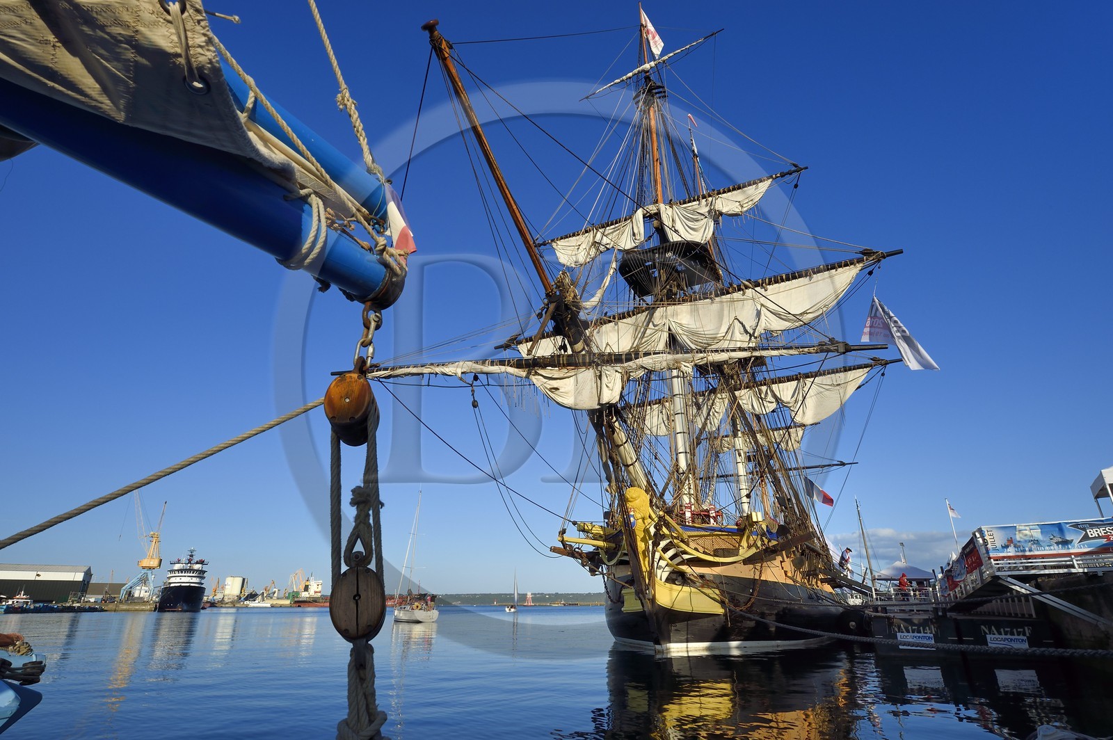 France, Finistere, Brest port, L'Hermione frigate, replica of the three masts which brought the marquis de Lafayette to America in 1780, the bow