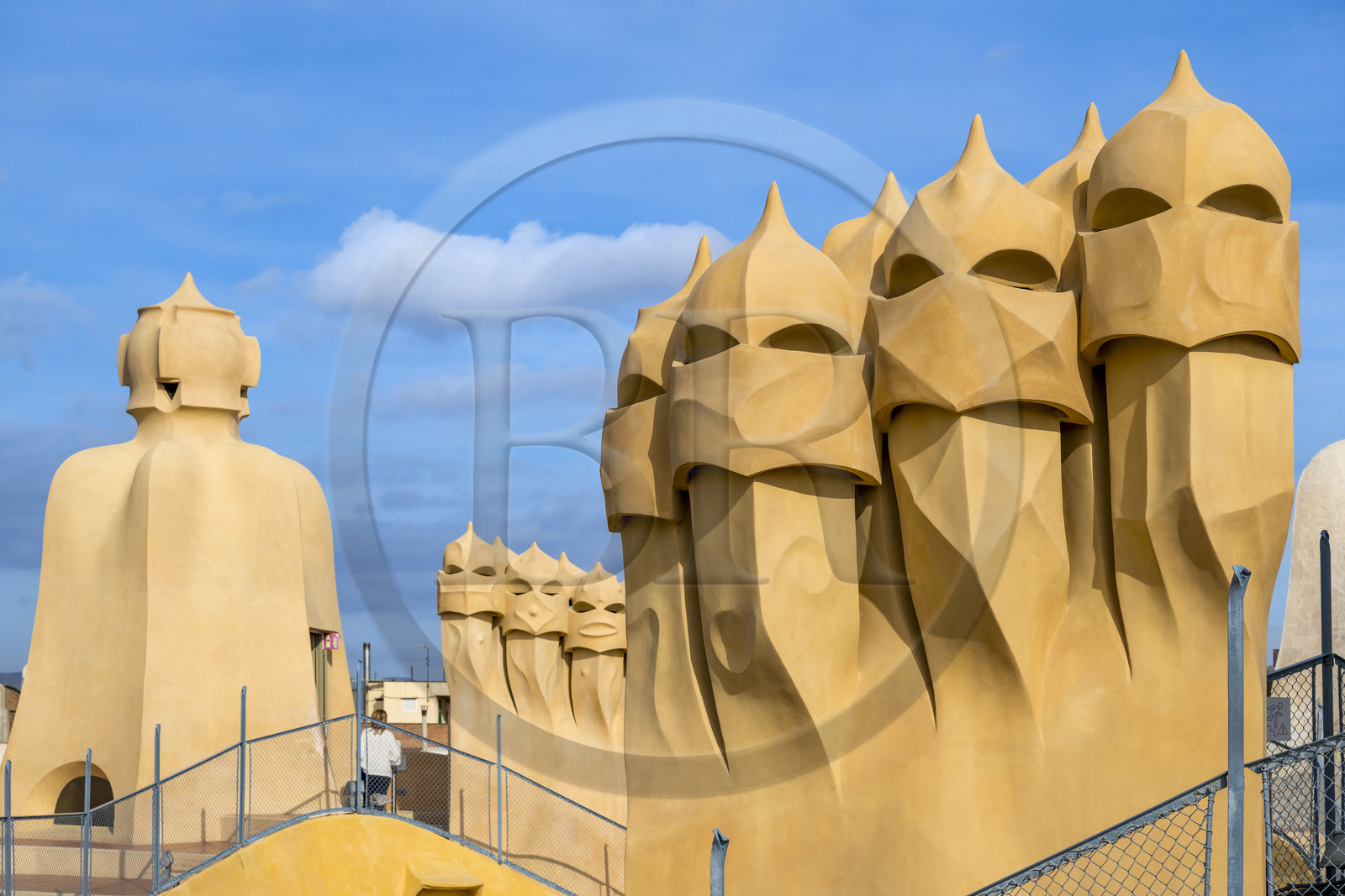 Spain, Catalonia, Barcelona, Eixample district, Passeig de Gracia, Pedrera or Casa Mila (1905-1910) by the Catalan modernist architect Antoni Gaudi, UNESCO World Heritage site, chimneys and ventilation towers on the roof terrace of the building