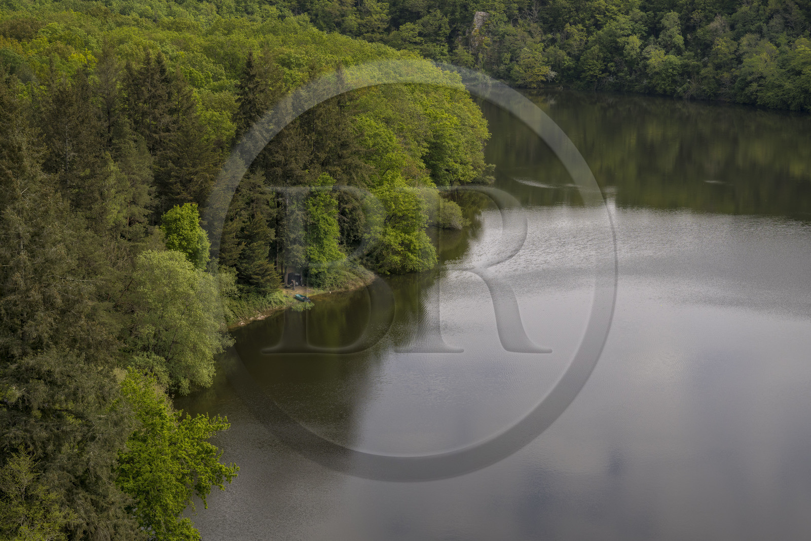 France, Vendée (85), Mervent, forêt de Mervent où les eaux des rivières la Mère et la Vendée se rejoignent, pêcheur en bordure de rivière