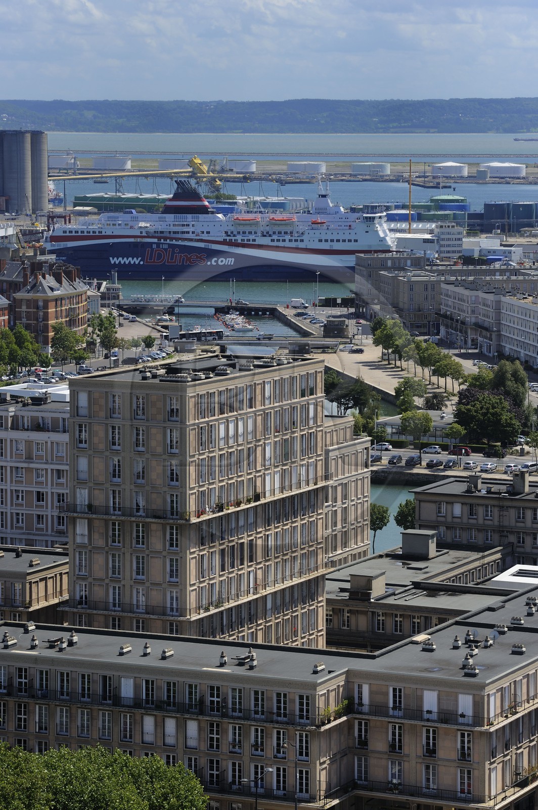 France, Seine Maritime, Le Havre, Downtown rebuilt by Auguste Perret listed as World Heritage by UNESCO, Perret buildings and the port in the background