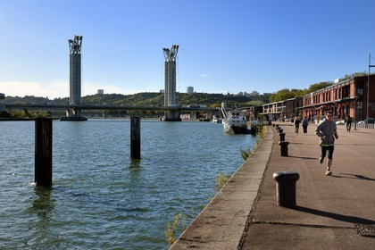 France, Seine Maritime, Rouen, Gustave Flaubert lift bridge over the Seine river and the embankments