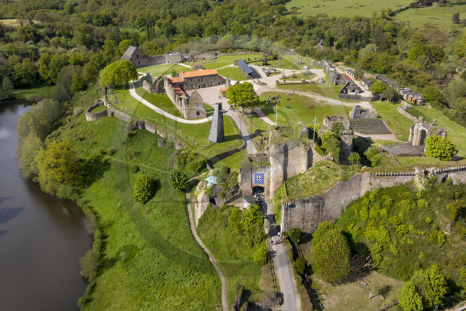 France, Vendee, Tiffauges, the castle of Tiffauges, ancient castle in ruins where Gilles de Rais resided and specialized in medieval war machines (aerial view)