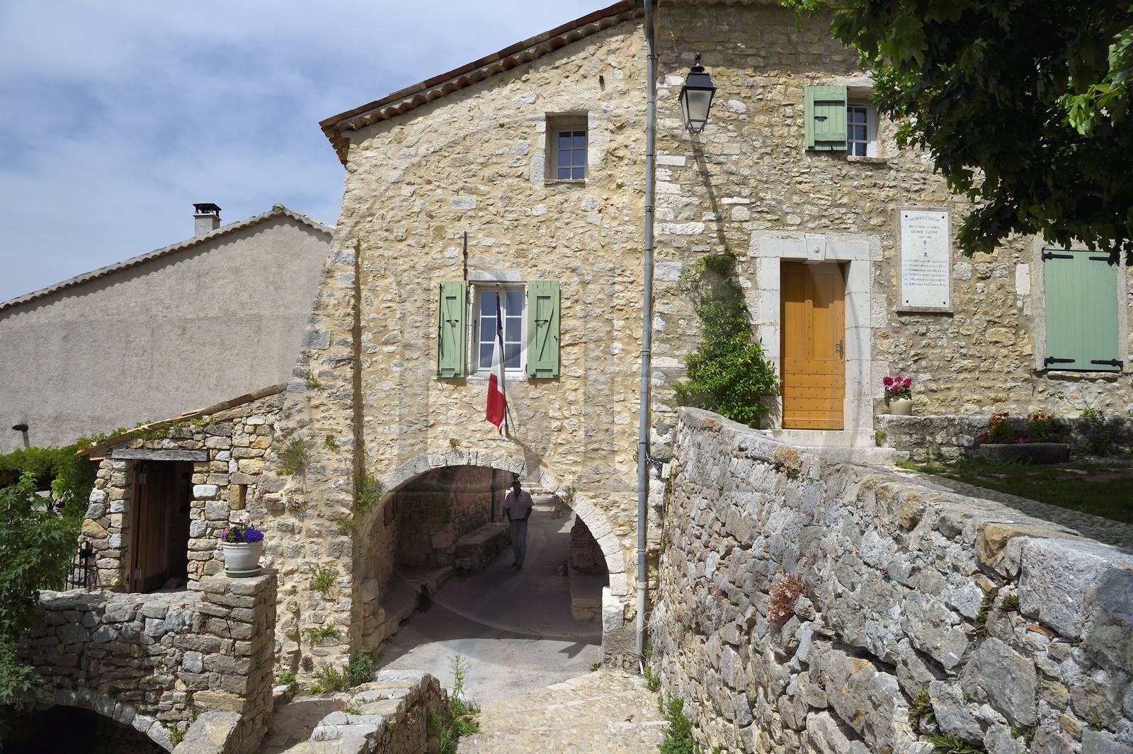 France, Var, Verdon Regional Natural Park, Bargeme village, labelled Les Plus Beaux Villages de France (The Most Beautiful Villages of France), communal oven porch and town hall