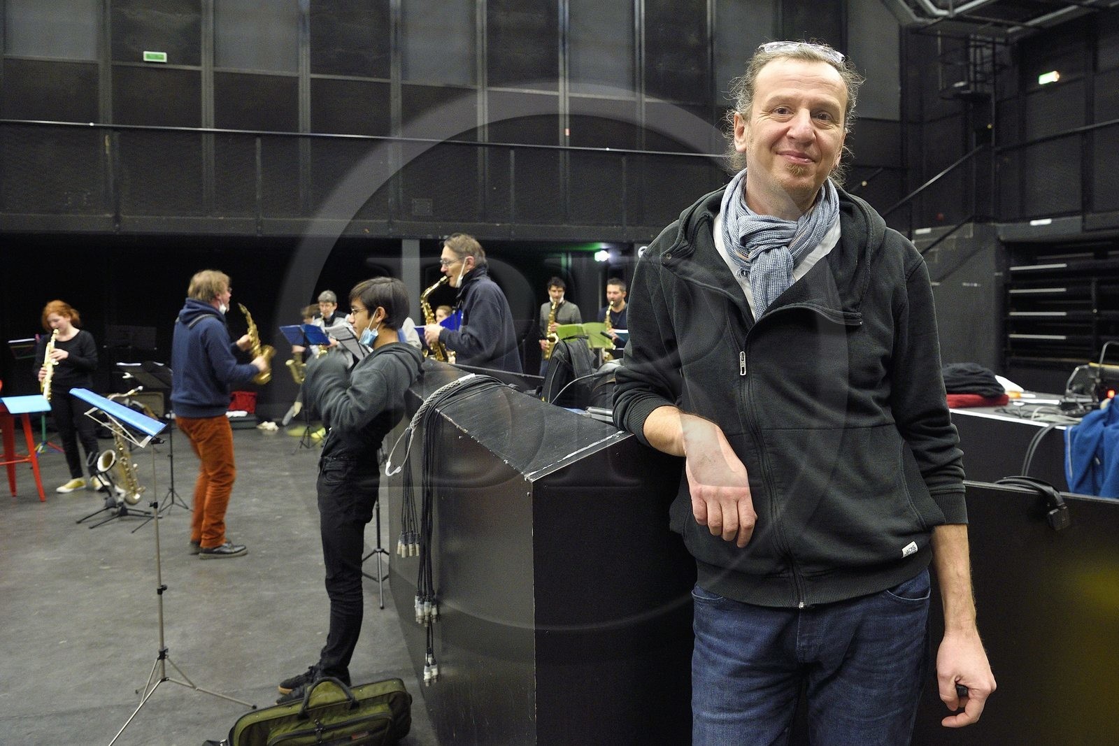 France, Meurthe-et-Moselle (54), Nancy, répétition de la Fanfare des Enfants du Boucher pour la grande fête de la Saint-Nicolas, Nicolas Arnoult en est le chef d'orchestre et compositeur