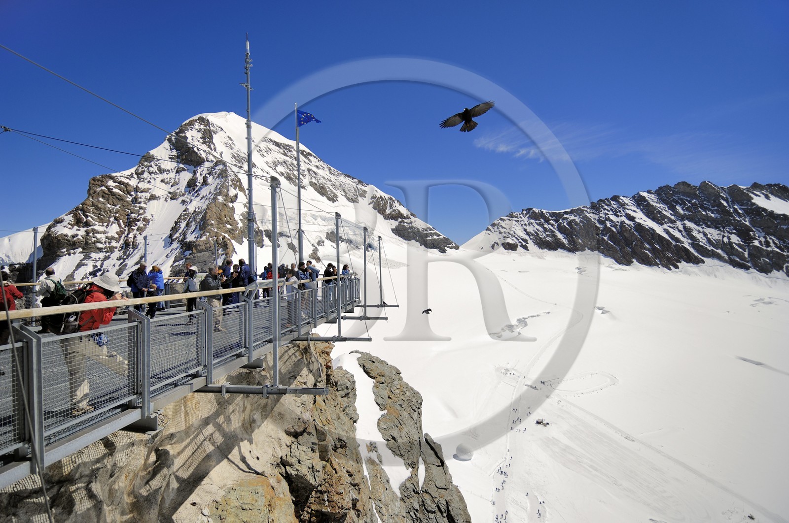 Switzerland, Bernese Oberland, Interlaken, the Jungfrau arrival station (3,454 m) known as the roof of Europe, classified as World Heritage by UNESCO, the outdoor platforms of the Sphinx observatory allow you to admire the high mountain landscape and the Monch summit (4107m)