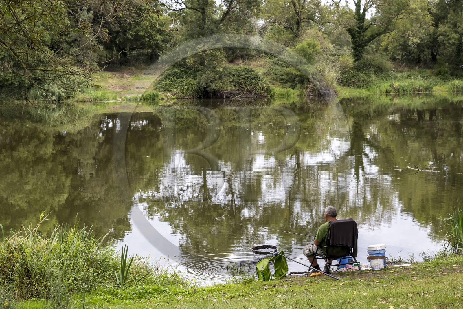 France, Loire-Atlantique (44), Le Pellerin, pêcheur à la ligne en bordure du canal de la Martinière