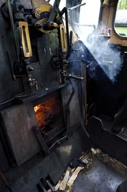 France, Alpes-Maritimes, Puget Theniers, the Train des Pignes historic train, steam engine warming up, loading wood in the fireplace that heats the boiler