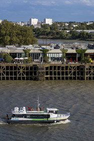France, Loire-Atlantique (44), Nantes, Ile de Nantes, le Navibus passant devant le Hangar à Bananes et les anneaux de Buren sur les quais de Loire, vue depuis les hauteurs de Chantenay