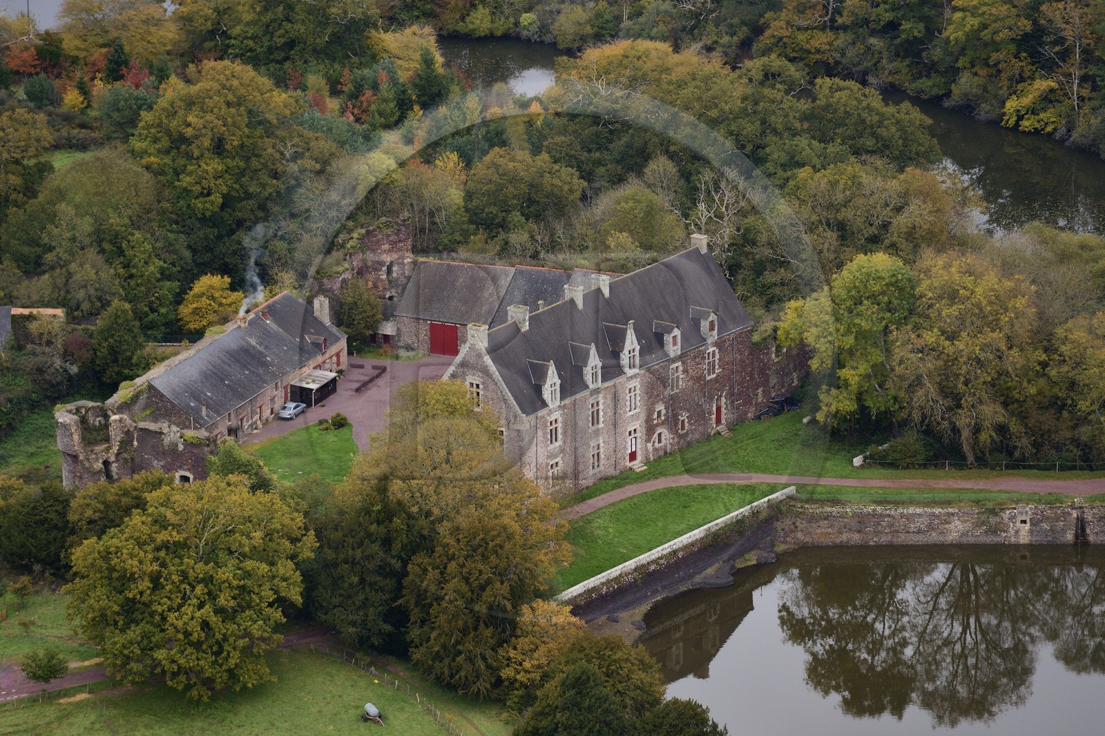 France, Morbihan, forest of Broceliande, Concoret, the castle of Comper which houses exhibits of the Center of the Arthurian fantasy (aerial view)