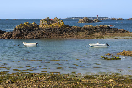 France, Cotes d'Armor, Ploubazlanec, Loguivy-de-la-Mer shore and the La Croix lighthouse in the background