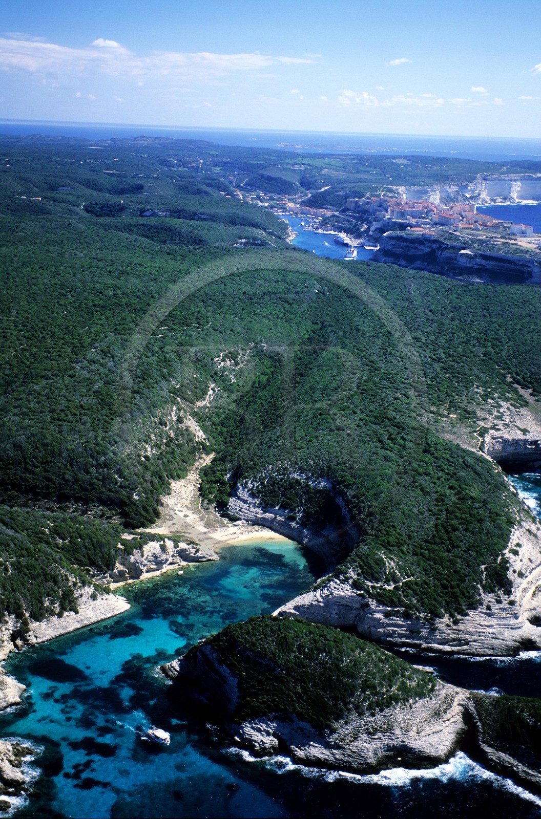 France, Corse du Sud, little bay west of Bonifacio (aerial view)