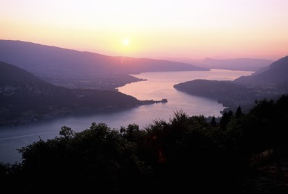 France, Haute Savoie, Annecy lake on sunset from the Forclaz pass
