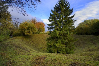 France, Meuse (55), Parc régional de Lorraine, Cotes de Meuse, Les Éparges, traces des combats d’une des luttes les plus meurtrières de la Première Guerre mondiale, entonnoir résultant d'explosions de mines pour le contrôle du « point X » qui domine la plaine
