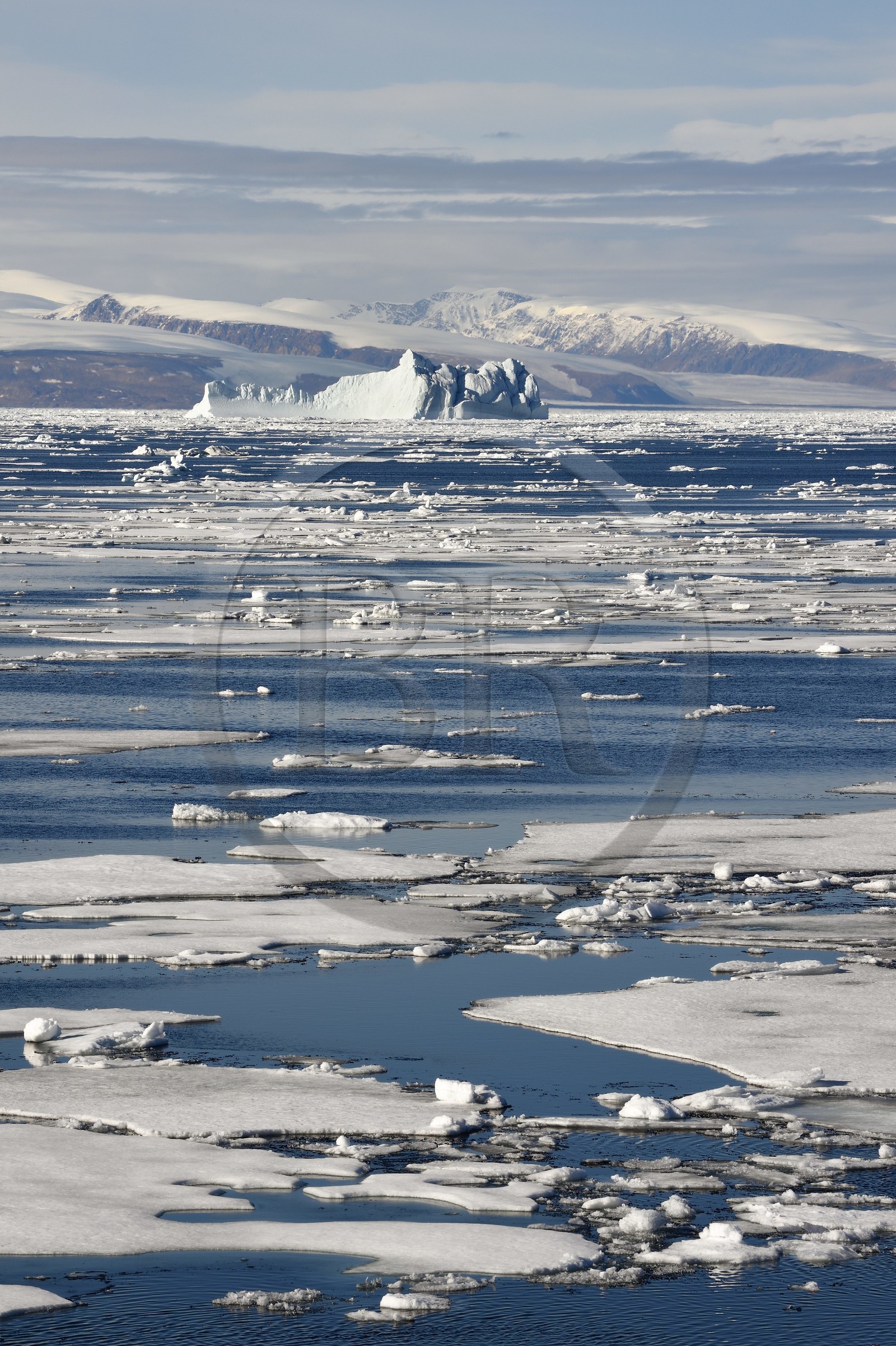 Groenland, cote Nord-Ouest, Smith sound au nord de la baie de Baffin, morceaux de glace de la banquise arctique et iceberg géant en arrière plan vers la côte canadienne de l'ile d'Ellesmere
