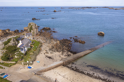 France, Cotes-d'Armor, Cote d'Ajoncs, Plougrescant, the beach of Porz Hir or Pors-hir (aerial view)