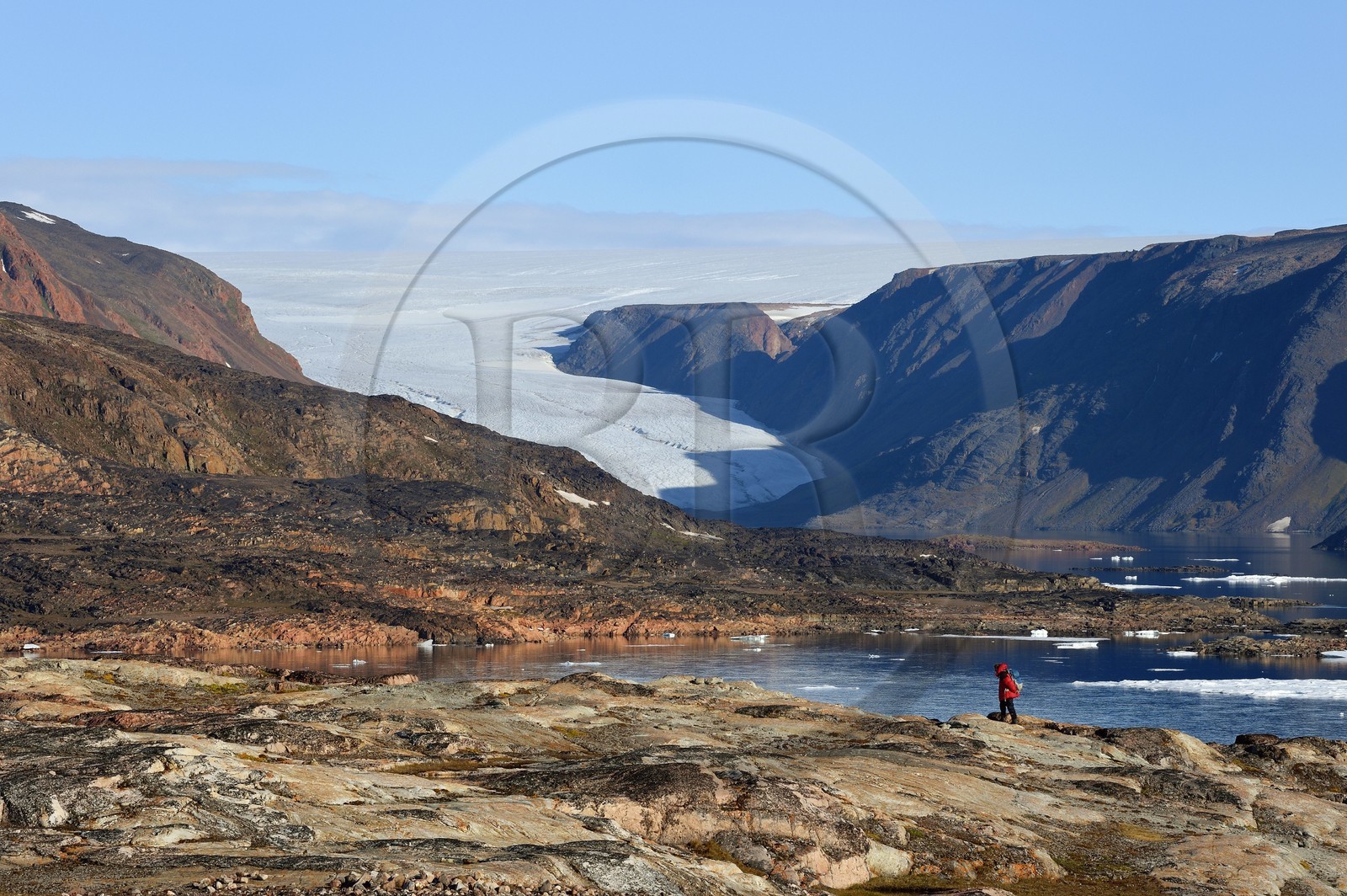 Groenland, cote Nord-Ouest, Smith sound au nord de la baie de Baffin, Inglefield Land, randonnée sur le site de Etah dans le Foulke fjord, campement inuit aujourd'hui abandonné qui servit de base à plusieurs expéditions polaires, glacier Brother John et la calotte glaciaire en arrière plan