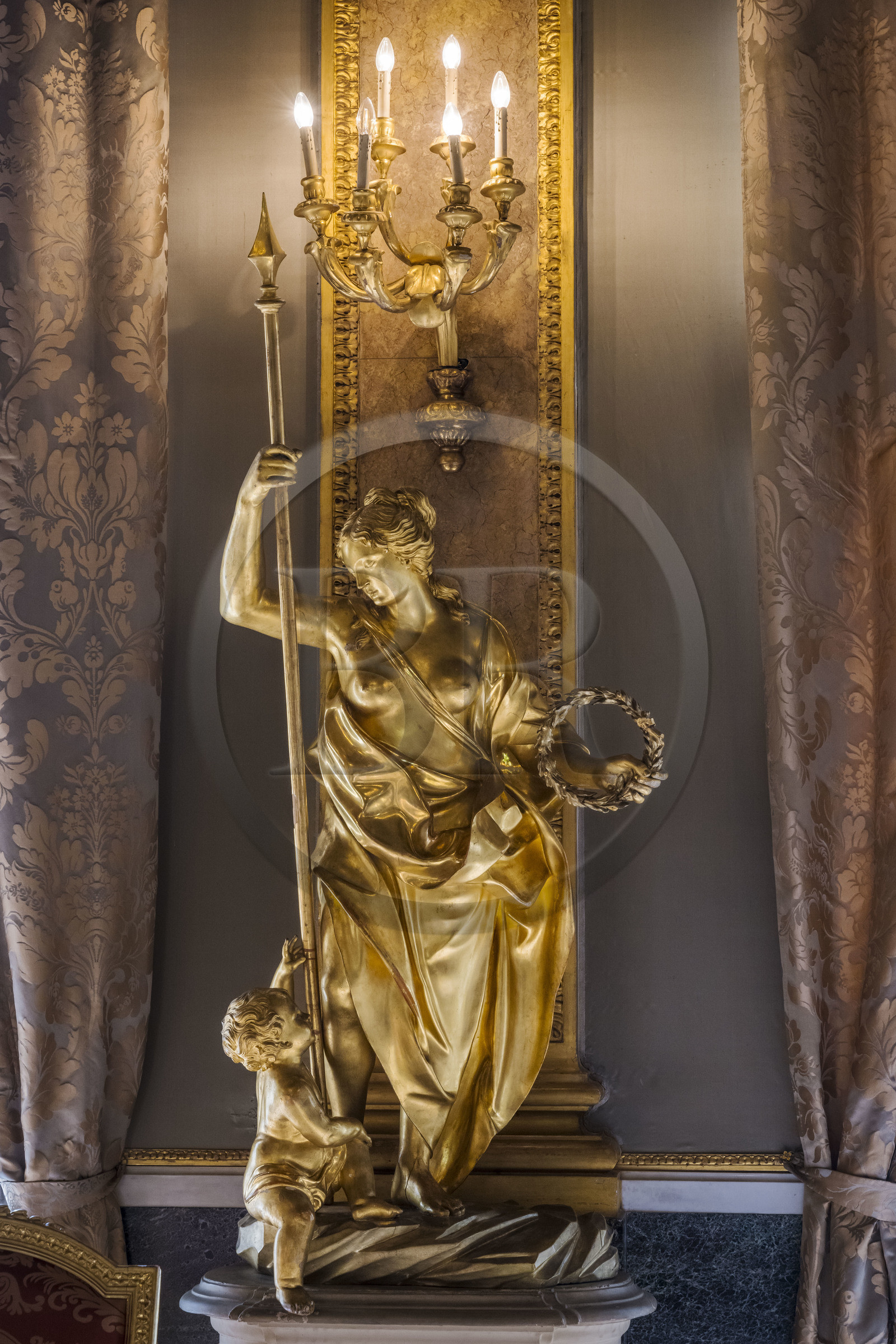 Italy, Liguria, Genoa, Rolli Palace listed as World Heritage by UNESCO, the palazzo Interiano Pallavicino built in 1567, living room on the second noble floor, The Glory one of two wooden sculptures by Anton Maria Maraglio from 1730