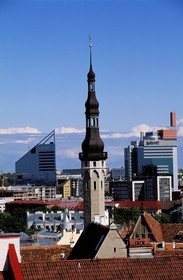 Estonia (Baltic States), Harju Region, Tallinn, European Capital of Culture 2011, the City Hall' s belfry framed by two skyscrapers of the modern city